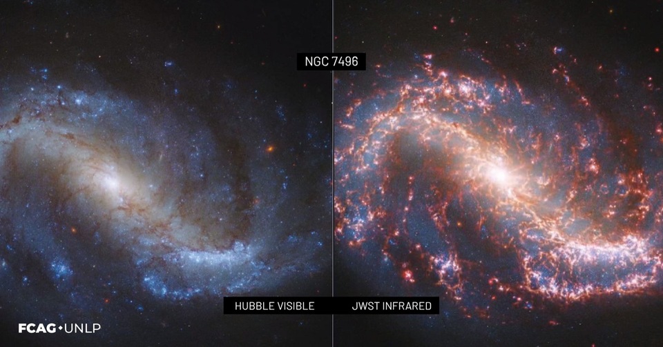 Comparación de la galaxia NGC7496 a 7.4 megaparsec de distancia.  A la izquierda está la vista del Hubble, a la derecha, la del James Webb. 
